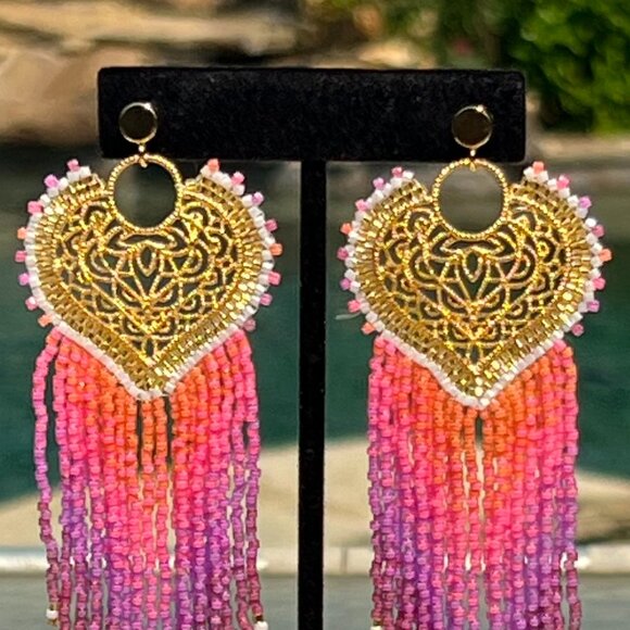Handmade Beaded Long Fringe Dangle Drop Lightweight Sweetheart Post Earrings - Picture 8 of 10
